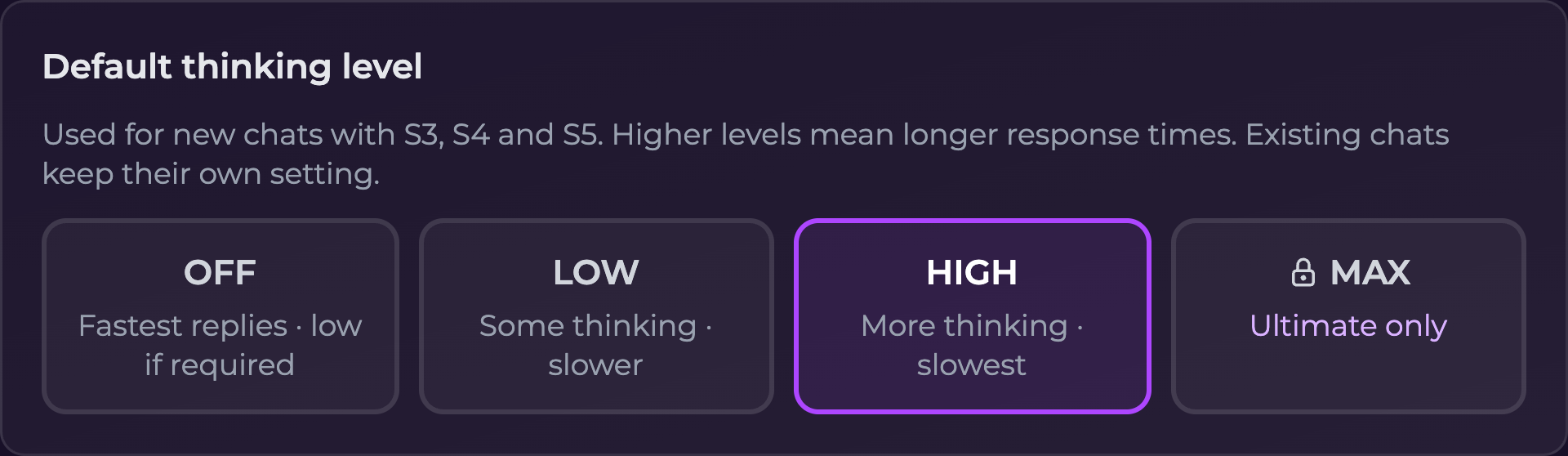 Default thinking level set to High on a Premium account, with Max marked Ultimate only