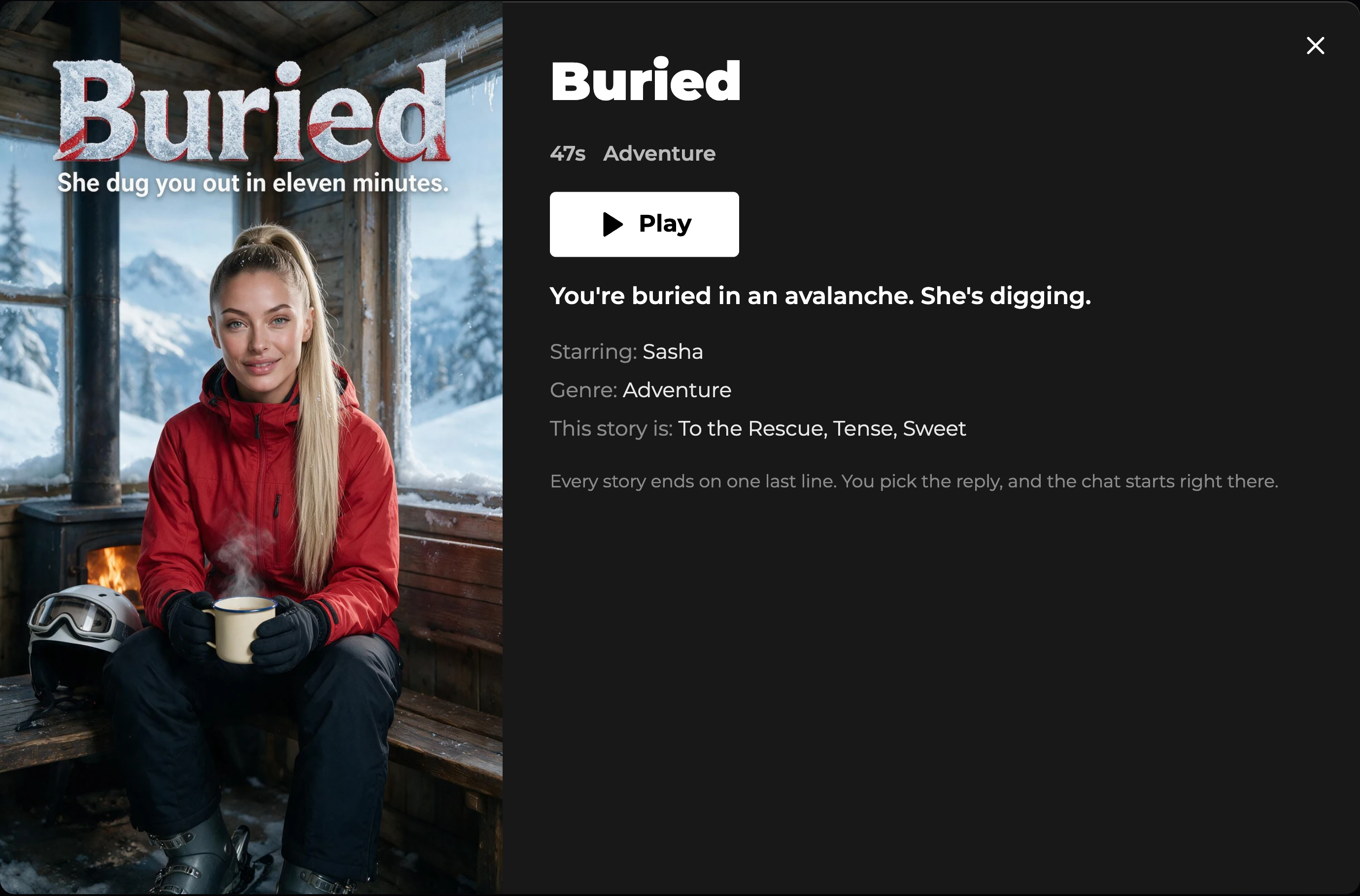 Buried scenario details with its official cover, Sasha, the 47-second running time, Adventure genre, and Play button.