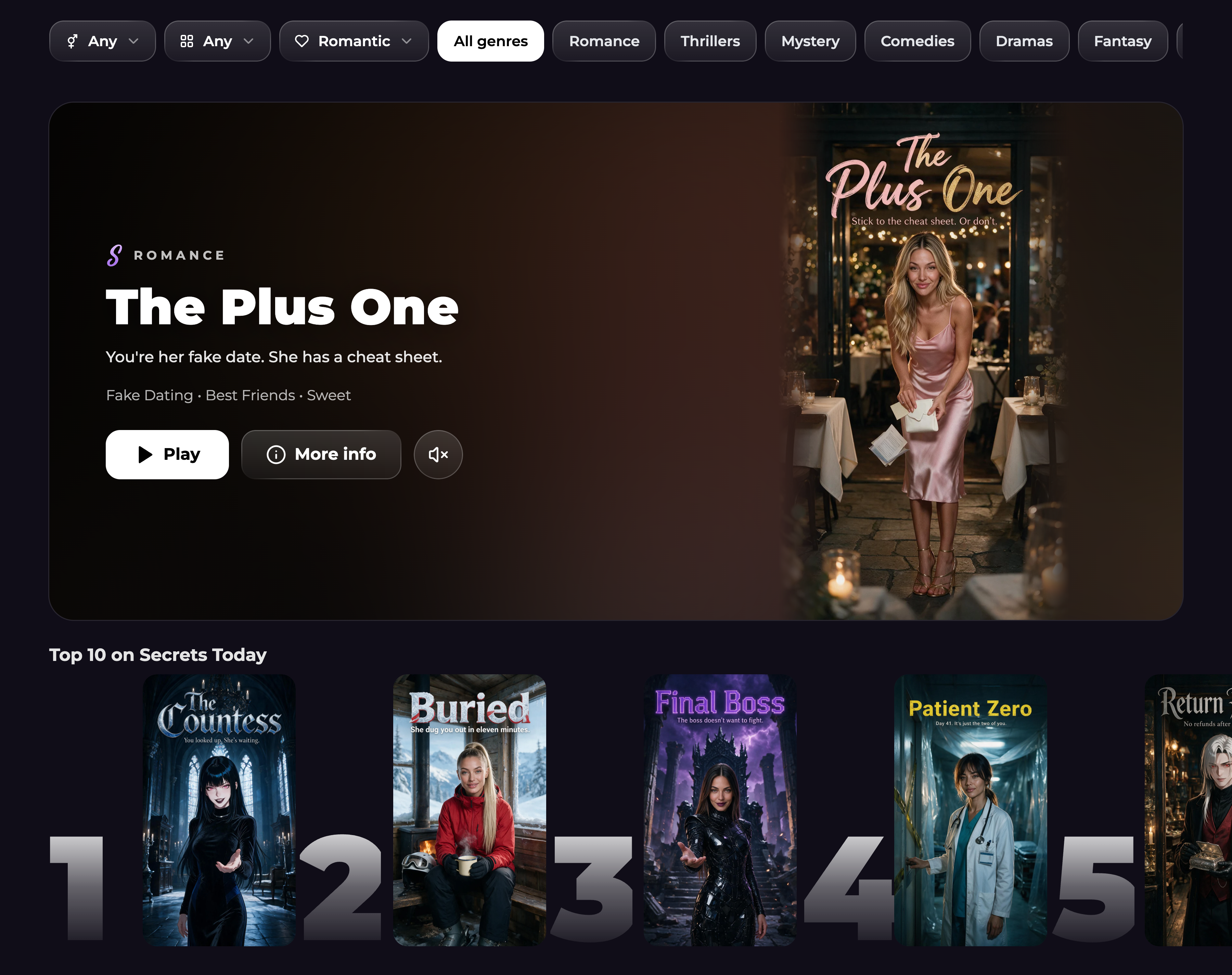 The Scenarios page with gender, style, content, and genre filters, The Plus One featured story, and official covers in the Top 10 row.