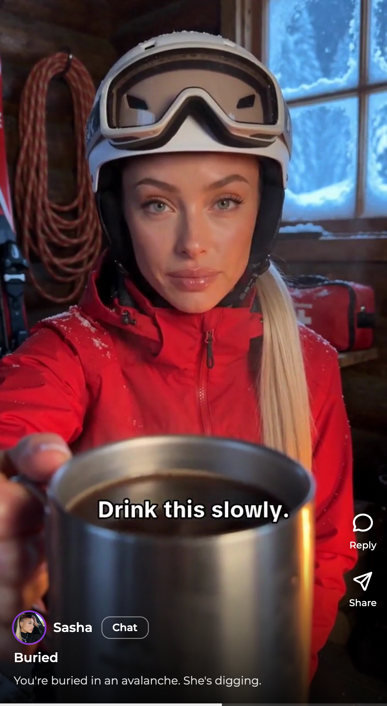 Sasha in a snowy cabin during Buried, with the Reels title, companion, Reply and Share controls, and playback progress.
