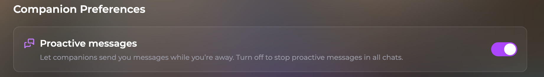 Companion Preferences in User Settings with the global Proactive messages toggle enabled