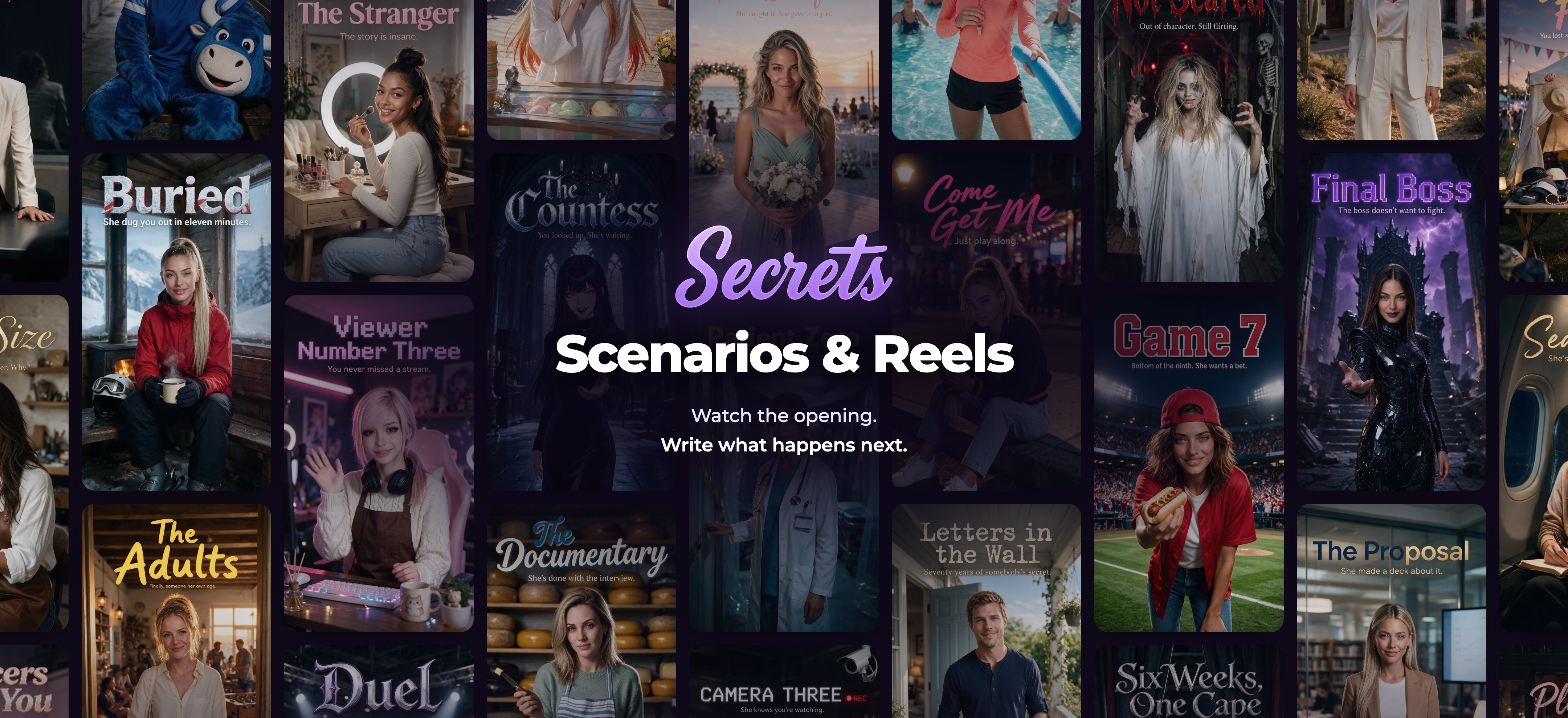A wall of official Secrets scenario covers, including Buried, The Countess, Final Boss, Viewer Number Three, and Game 7, around the words Scenarios & Reels: Watch the opening. Write what happens next.