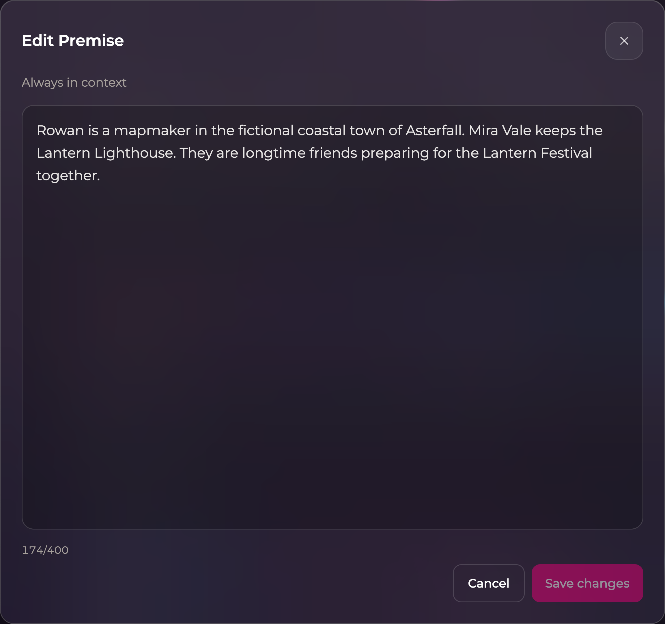 Expanded Premise editor showing fictional text, its character counter, and Save changes