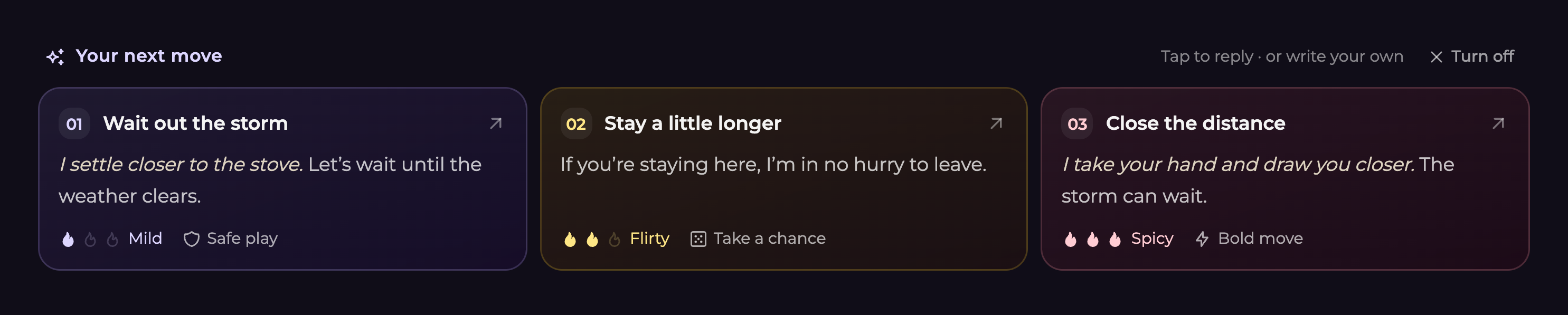 Example replies for continuing the snowy cabin scene, with Mild, Flirty, and Spicy tones, story-risk labels, and a Turn off control.