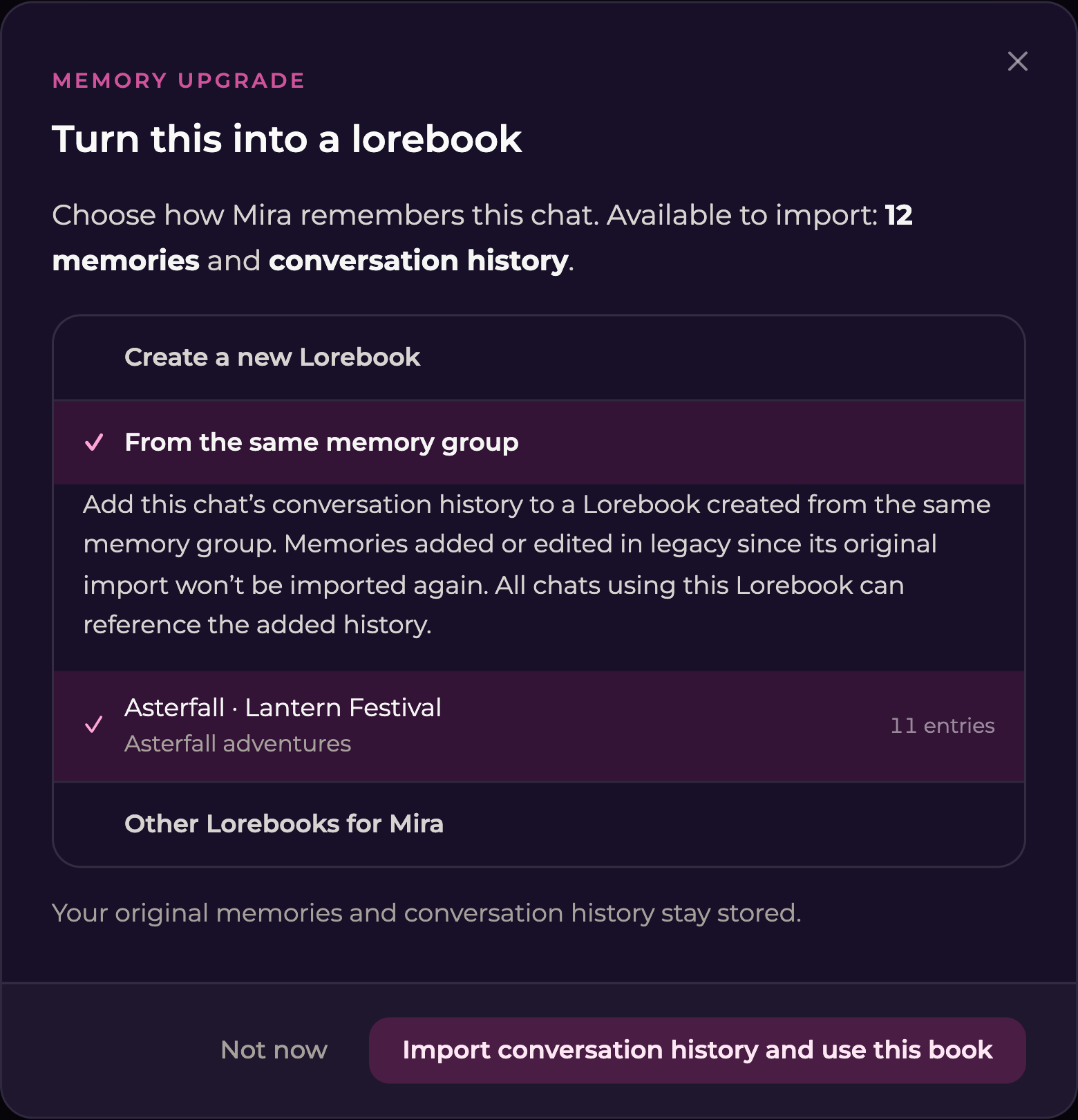 Same-memory-group upgrade option explaining history import and showing the fictional Lantern Festival book