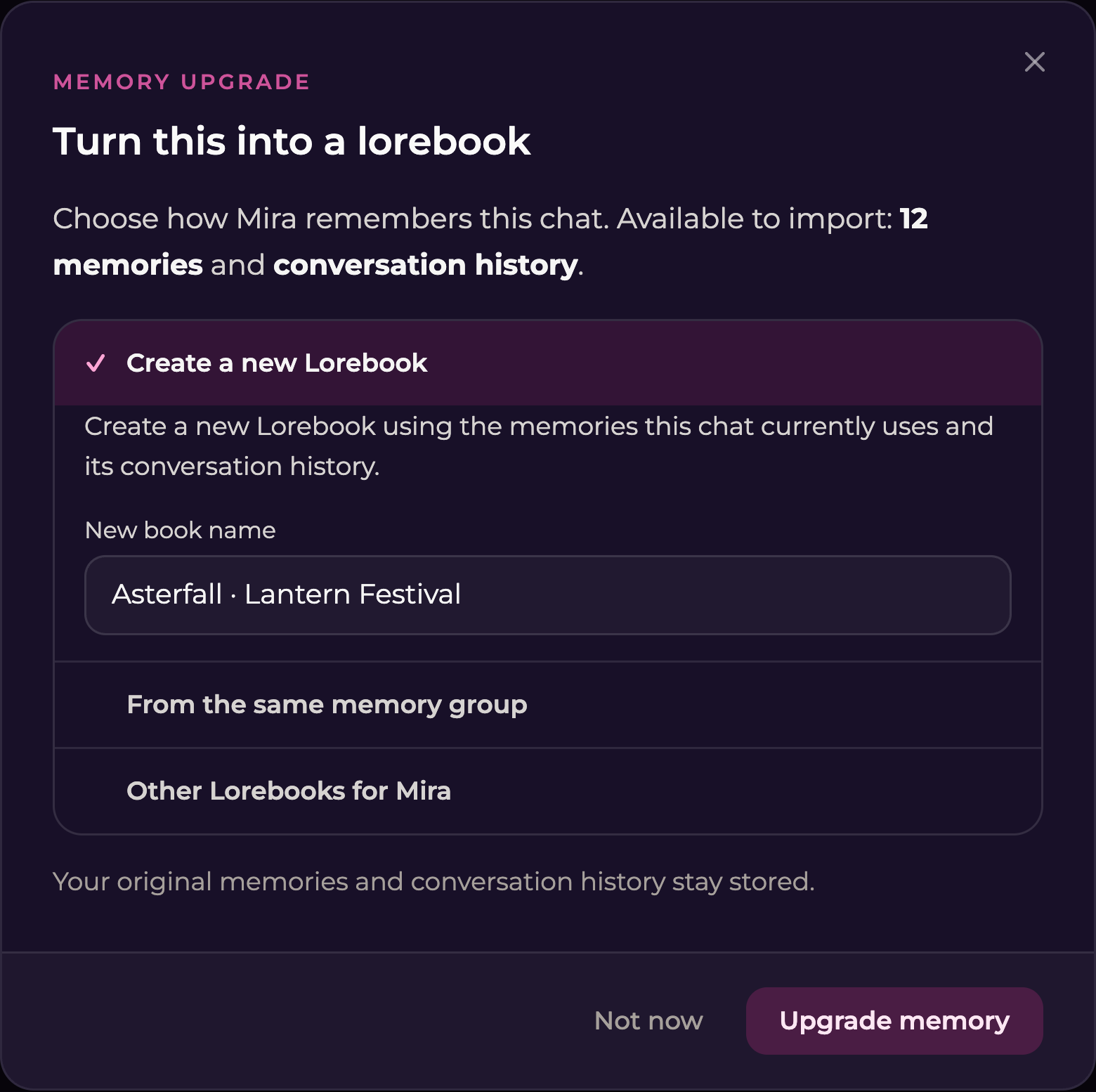 Memory upgrade dialog with fictional memory counts, Create a new Lorebook selected, a book name, and Upgrade memory